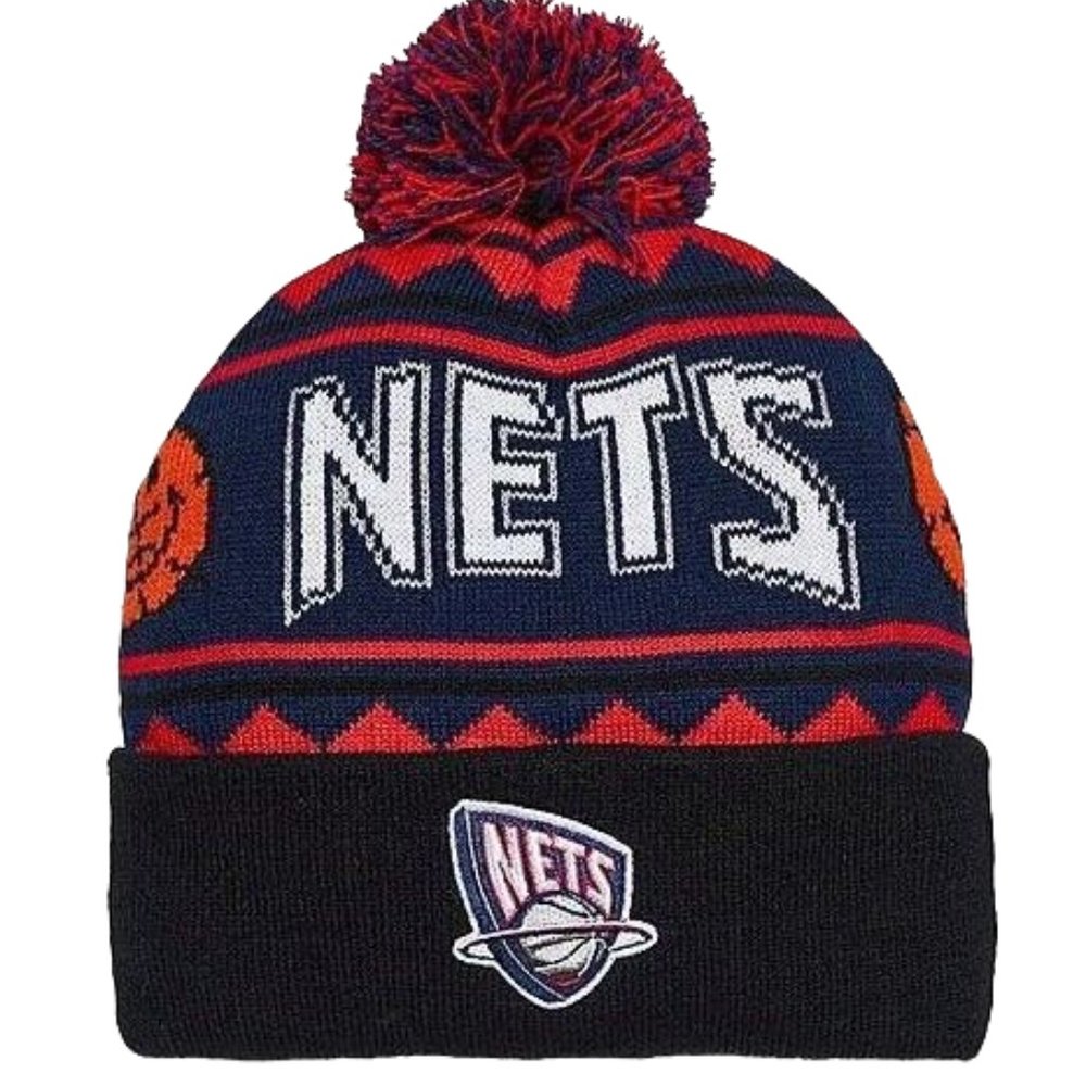 NEW Mitchell & Ness Brooklyn Nets Team Isle Pom Beanie Hat Cap